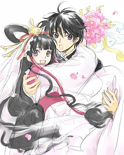 1boy 1girl black_hair bouquet bridal_veil bride carrying cherry_blossoms clamp couple dress flower hair_tubes hetero hug japanese_clothes long_hair looking_at_viewer lowres petals princess_carry purple_eyes sakamoto_maaya shirou_kamui short_hair sketch suzumura_ken&#039;ichi tomoyo_hime tsubasa_chronicle veil very_long_hair voice_actor_connection wedding wedding_dress x_(manga)