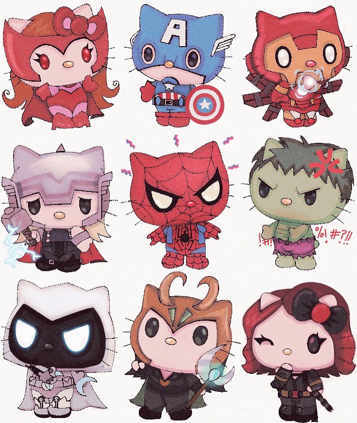 1girl anger_vein angry animal_ears animal_nose animal_print arc_reactor armor avengers_(series) bare_shoulders belt black_belt black_bodysuit black_boots black_bow black_eyes black_gloves black_hair black_pants black_shirt black_shoes black_widow black_widow_(cosplay) blonde_hair blue_bodysuit blue_gemstone bodystocking bodysuit boots bow brown_belt cape captain_america captain_america_(cosplay) cat cat_ears cat_girl collared_shirt cosplay crescent crescent_ornament crossover ear_bow elbow_gloves eyelashes fake_horns fingerless_gloves full_armor full_body gem ghostwurlds gloves green_cape green_cat grey_cape hair_bow hammer hand_up hello_kitty hello_kitty_(character) helmet high_heel_boots high_heels holding holding_hammer holding_scepter holding_shield holding_weapon horns hulk hulk_(cosplay) iron_man iron_man_(cosplay) leotard lightning lightning_bolt_symbol loki_(marvel) loki_(marvel)_(cosplay) long_hair long_sleeves looking_at_viewer looking_up marvel marvel_cinematic_universe mask mask_on_head mechanical_wings medium_hair mjolnir_(marvel) moon_knight moon_knight_(cosplay) moon_knight_(disney+) multicolored_armor multiple_views natasha_romanoff no_mouth one_eye_closed orange_hair pants power_armor purple_shorts red_armor red_bodysuit red_boots red_cape red_eyes red_gloves red_hair red_leotard red_mask sanrio scarlet_witch scarlet_witch_(cosplay) scepter shield shirt shoes short_hair shorts simple_background sleeveless sleeveless_shirt spider-man spider-man_(cosplay) spider-man_(series) spider_print spider_web_print standing star_(symbol) star_print superhero_costume thor_(marvel) thor_(marvel)_(cosplay) topless_female two-tone_bodysuit vertical-striped_bodysuit wanda_maximoff wavy_hair weapon white_background white_bodysuit white_cat wings yellow_armor