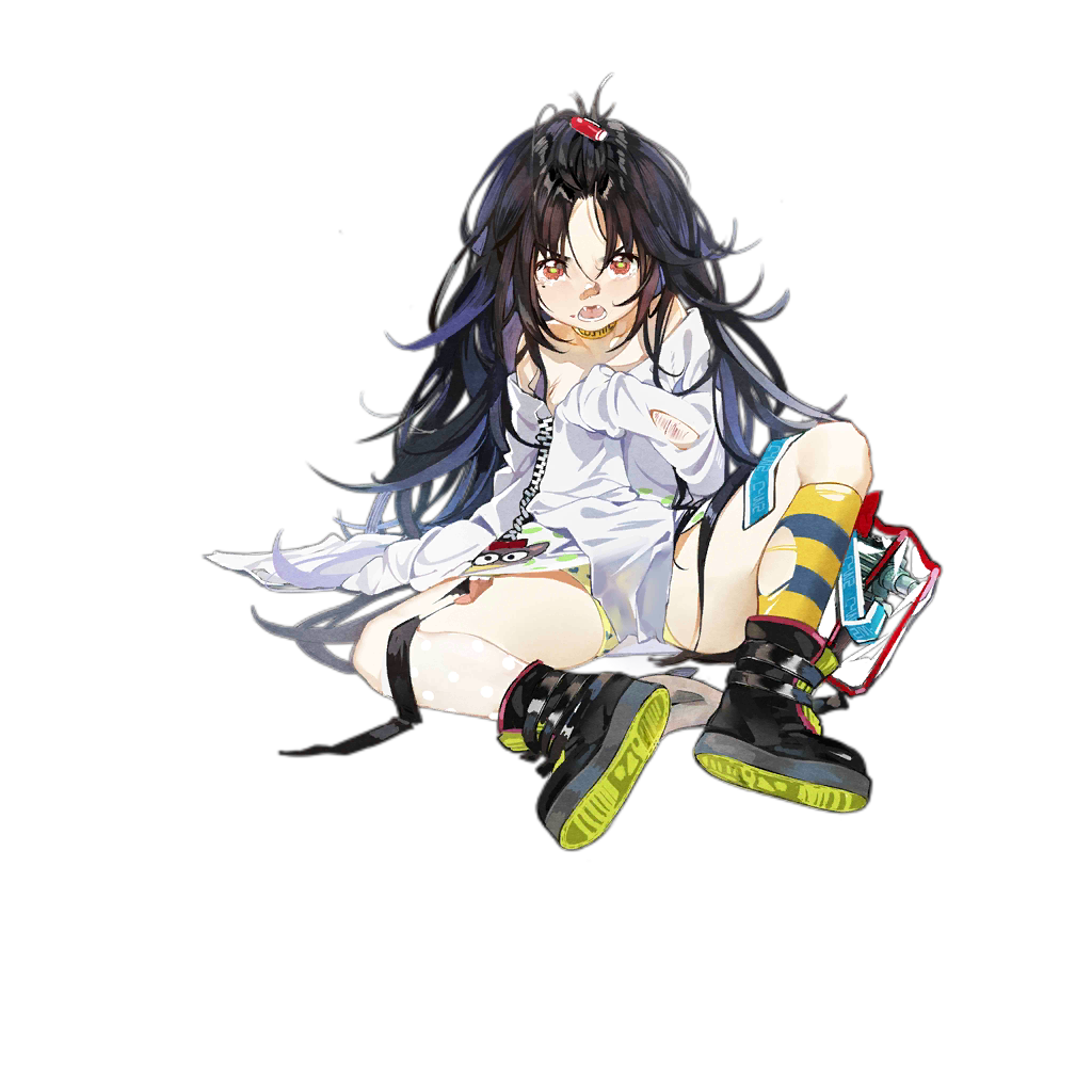 1girl aged_down animal_print asymmetrical_legwear bag bandaid bandaid_on_face bandaid_on_nose bangs_pinned_back bare_shoulders black_boots black_hair blush boots c-ms_(girls&#039;_frontline) c-ms_(the_wonderful_adventures_of_goose)_(girls&#039;_frontline) cbj-ms choker colored_shoe_soles covering_chest covering_privates fangs fish flat_chest forehead full-length_zipper full_body girls&#039;_frontline gun heart heart_print kneehighs long_hair long_sleeves looking_at_viewer messy_hair mismatched_legwear off-shoulder_shirt off_shoulder official_alternate_costume official_art open_mouth panties personal_defense_weapon polka_dot polka_dot_shirt polka_dot_socks print_shirt red_eyes scrape shirt simple_background sitting sleeves_past_wrists socks solo spread_legs striped_clothes striped_socks submachine_gun torn_clothes torn_shirt torn_socks torn_straps transparent_background transparent_bag underwear very_long_hair weapon white_shirt xiao_chichi yellow_choker yellow_panties zipper