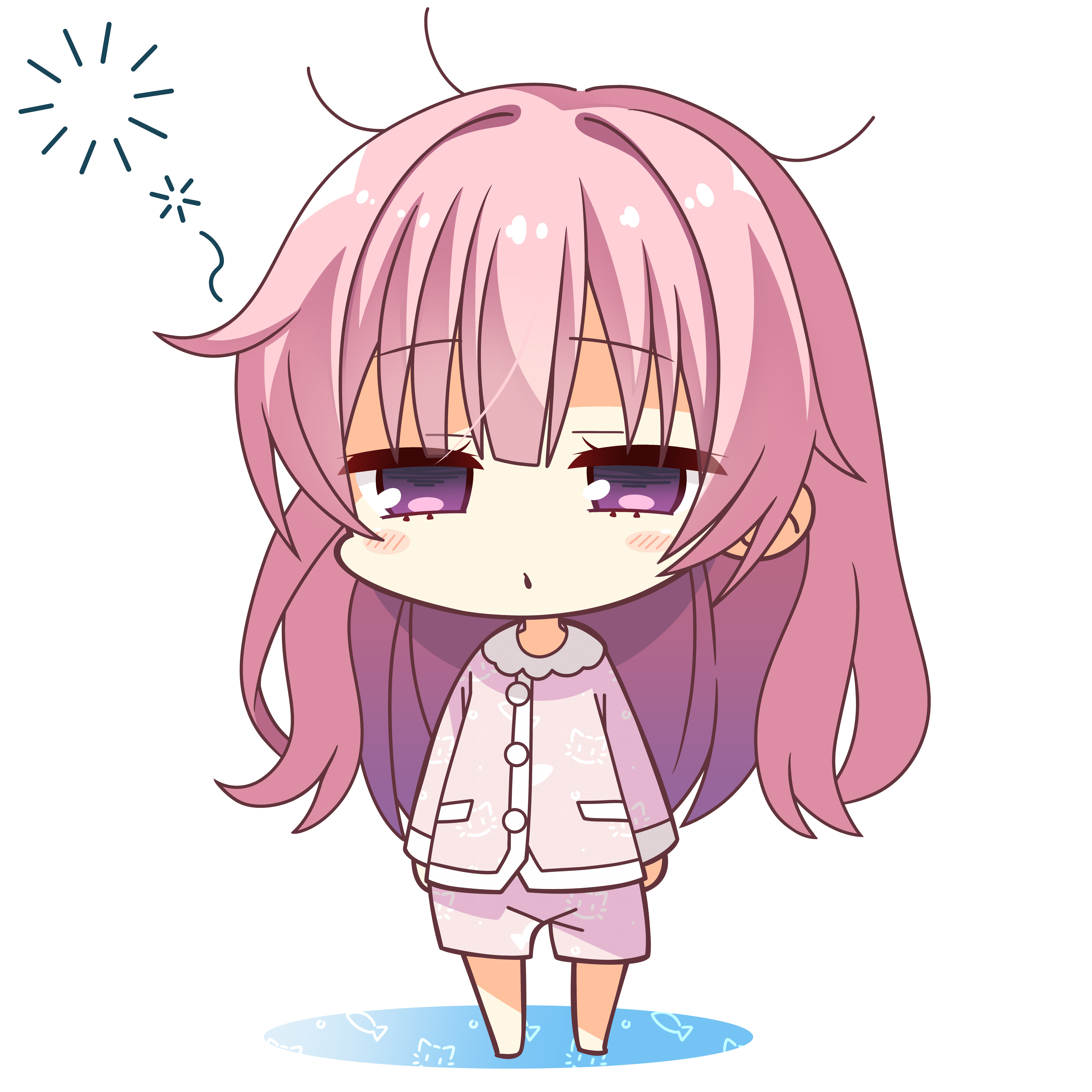 1girl absurdres alternate_costume arms_at_sides barefoot blunt_bangs blush_stickers chibi chibi_only commentary half-closed_eyes highres kaon_zz long_hair long_sleeves looking_at_viewer messy_hair mitsukasa_ayase pajamas parted_lips pink_hair pink_pajamas purple_eyes riddle_joker simple_background sleepy solo squeans standing very_long_hair white_background
