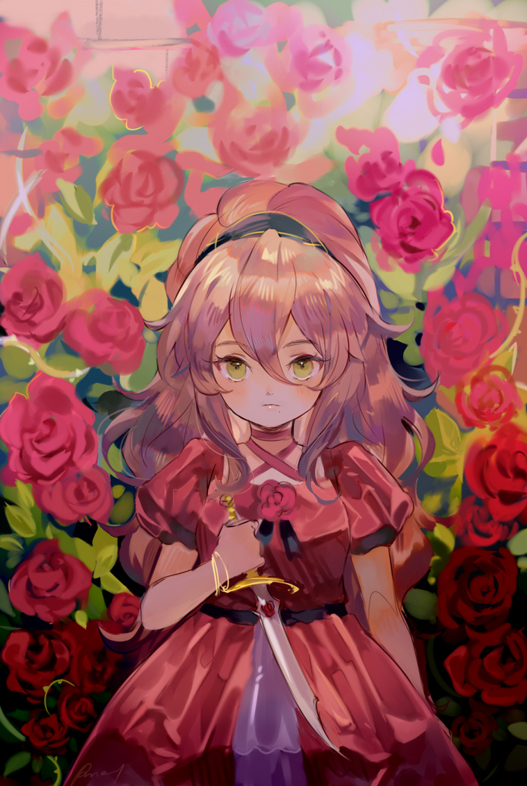 1girl aged_down aubz bangle bracelet brown_hair closed_mouth commentary dagger dress english_commentary floral_background flower green_eyes hair_between_eyes high_ponytail holding holding_dagger holding_knife holding_weapon jewelry knife long_hair looking_at_viewer mole mole_under_mouth octopath_traveler octopath_traveler_i ponytail primrose_azelhart puffy_short_sleeves puffy_sleeves red_dress red_flower red_rose rose short_sleeves signature solo weapon