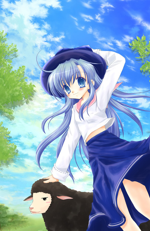 1girl 2000s_(style) ahoge animal archived_source arm_up black_sheep blouse blue_eyes blue_hair blue_hat blue_skirt blue_sky closed_mouth double_horizontal_stripe fedora floating_hair hair_between_eyes hat light_blue_hair long_hair long_skirt long_sleeves lorna mabinogi outdoors pan_(mabinogi) pink_sailor_collar sailor_collar shararan sheep shirt sidelocks skirt sky smile solo white_shirt