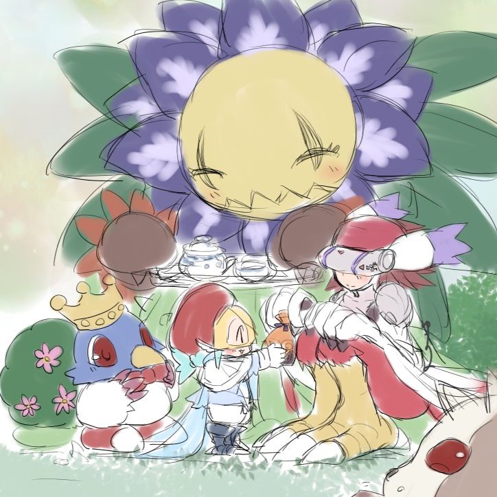 andiramon blossomon blush delumon digimon digimon_(creature) feathers happy hat mask monster_girl musical_note silphymon sirenmon smile