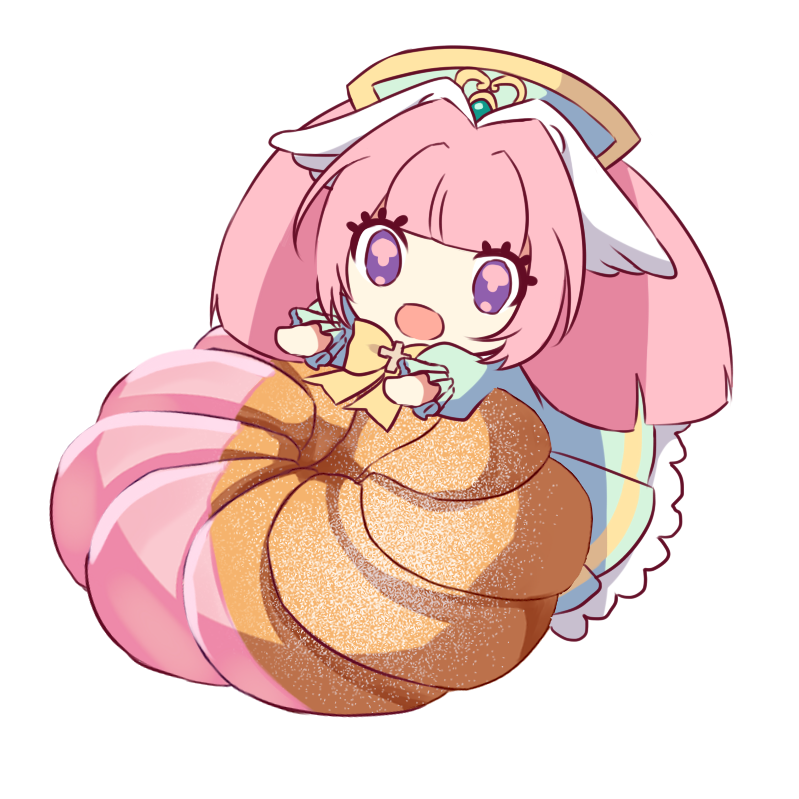 1girl blue_dress blue_hat dame_x_prince donut dress eyelashes food frilled_dress frills hat kyuaran long_hair nanahi_tsubaki no_nose open_mouth pink_hair puffy_sleeves purple_eyes simple_background solo very_long_hair white_background