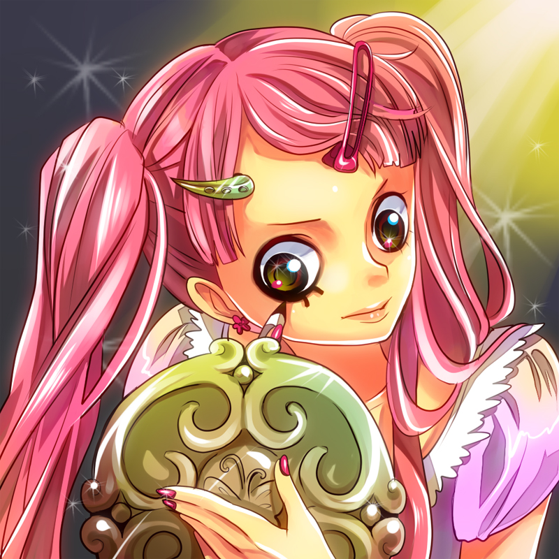 1girl brown_eyes eyeshadow female_focus hair_ornament hairclip himerinco long_hair makeup nail_polish one_piece perona pink_hair pink_nails solo sparkle twintails