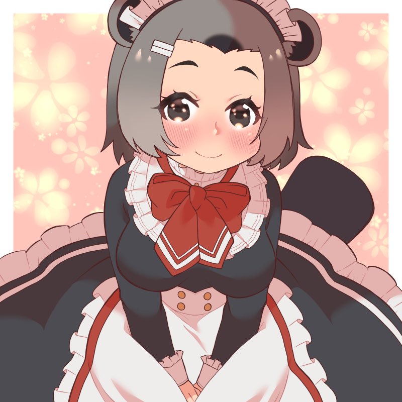 alternate_costume american_beaver_(kemono_friends) animal_ears apron beaver_ears beaver_tail black_dress blush bow bowtie brown_eyes brown_hair commentary_request dress enmaided frilled_apron frilled_shirt_collar frills grey_hair hair_ornament hairclip hands_on_lap high_collar kemono_friends kemono_friends_3 long_sleeves looking_at_viewer maid maid_apron maid_headdress majikaru_pokonyan multicolored_hair red_bow red_bowtie short_hair smile tail two-tone_hair