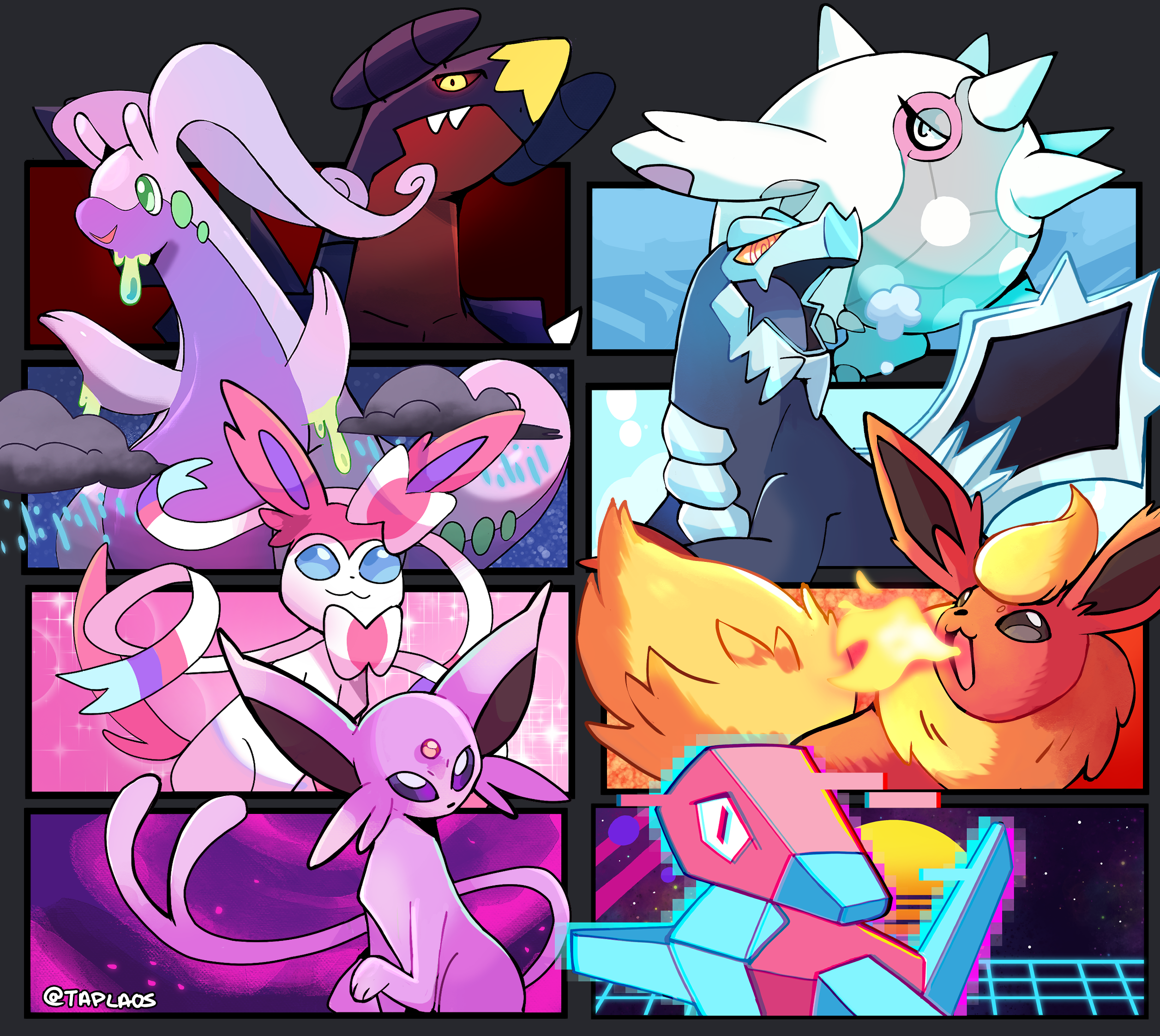 :3 animal_focus artist_name baxcalibur blue_eyes breath_weapon breathing_fire bright_pupils brown_eyes cetitan closed_mouth colored_sclera commentary english_commentary espeon fire flareon garchomp gen_1_pokemon gen_2_pokemon gen_4_pokemon gen_6_pokemon glitch glowing glowing_eyes goodra green_eyes highres nintendo no_humans no_sclera open_mouth orange_eyes pokemon pokemon_(creature) porygon purple_eyes raincloud red_sclera smile snow square_pupils sylveon taplaos white_pupils yellow_eyes