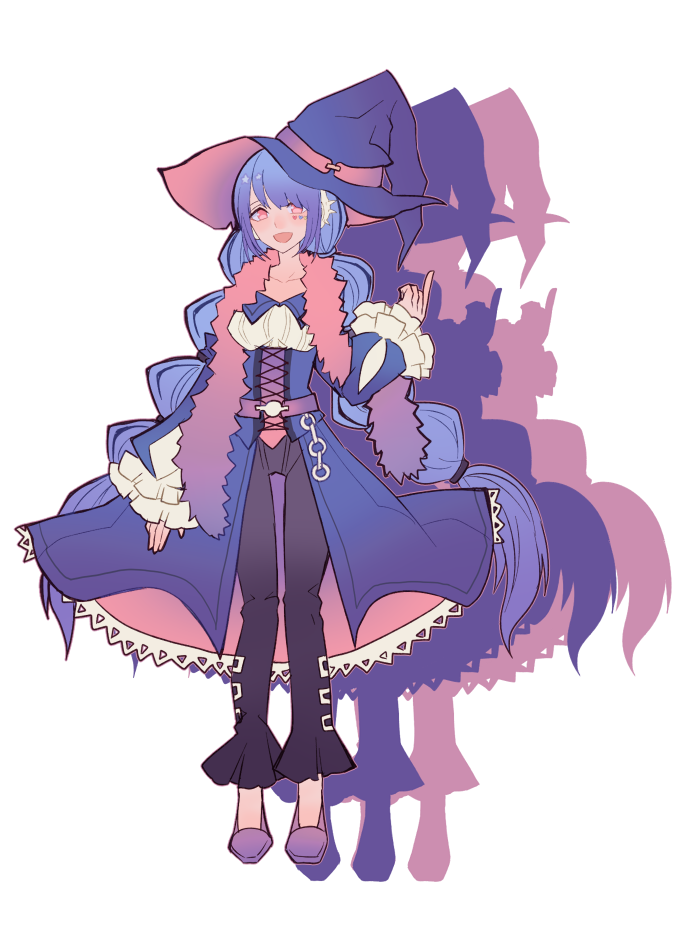 1bitheart 1girl belt wallet_chain black_pants blue_coat blue_hair coat facial_mark frilled_sleeves frills full_body fur_scarf hat headphones heart heart_tattoo index_finger_raised kanou_meu long_hair long_sleeves low_twintails miwasiba multi-tied_hair multicolored_hair official_art pants pink_eyes purple_belt purple_footwear purple_hat shirt solo streaked_hair tattoo transparent_background twintails very_long_hair white_shirt witch_hat