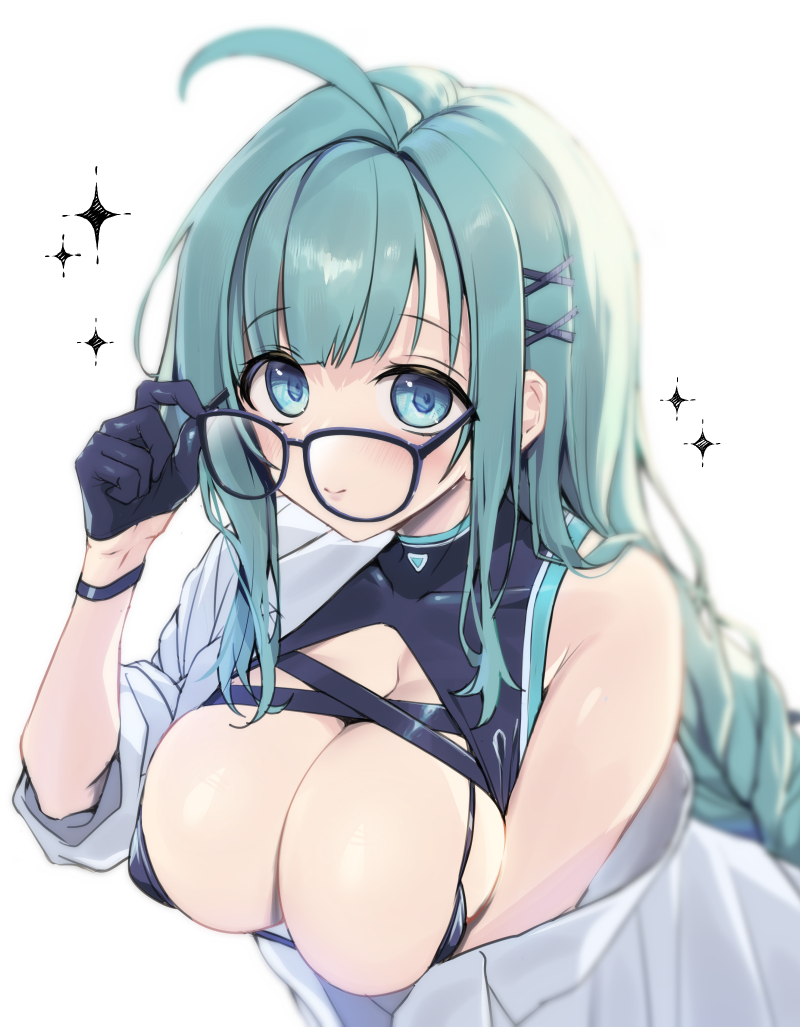 1girl adjusting_eyewear ahoge anna_(eden&#039;s_ritter_grenze) aqua_eyes aqua_hair asymmetrical_bangs black-framed_eyewear black_gloves blue_eyes blunt_bangs blurry braid breasts cleavage covered_erect_nipples depth_of_field diagonal_bangs eden&#039;s_ritter_grenze gloves hair_ornament hairpin half_gloves koikawa_minoru lab_coat large_breasts latex leaning_forward light_blush long_hair looking_at_viewer multiple_hairpins sidelocks single_bare_shoulder smile solo sparkle star_(symbol) strap_gap tareme upper_body white_background