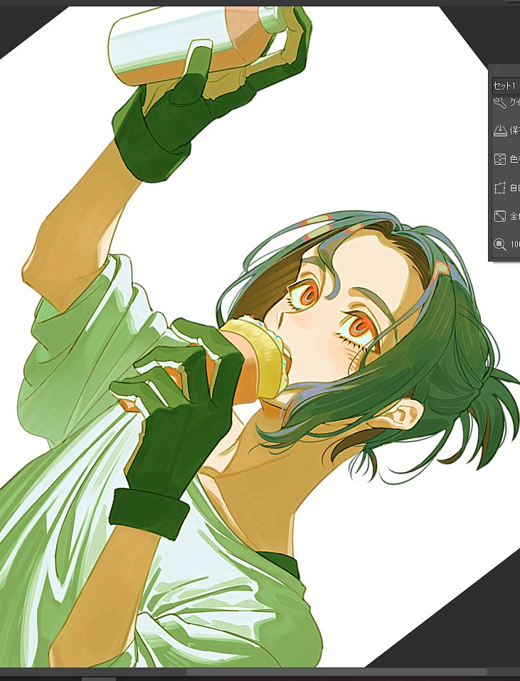 1boy art_program_in_frame blue_hair colored_inner_hair crepe eating food gloves gundam gundam_gquuuuuux holding holding_crepe holding_food holding_spray_can kamonekm lower_eyelashes_only male_focus multicolored_hair open_mouth ponytail red_eyes red_hair shirt short_hair shuji_ito simple_background solo two-tone_hair upper_body white_background white_shirt