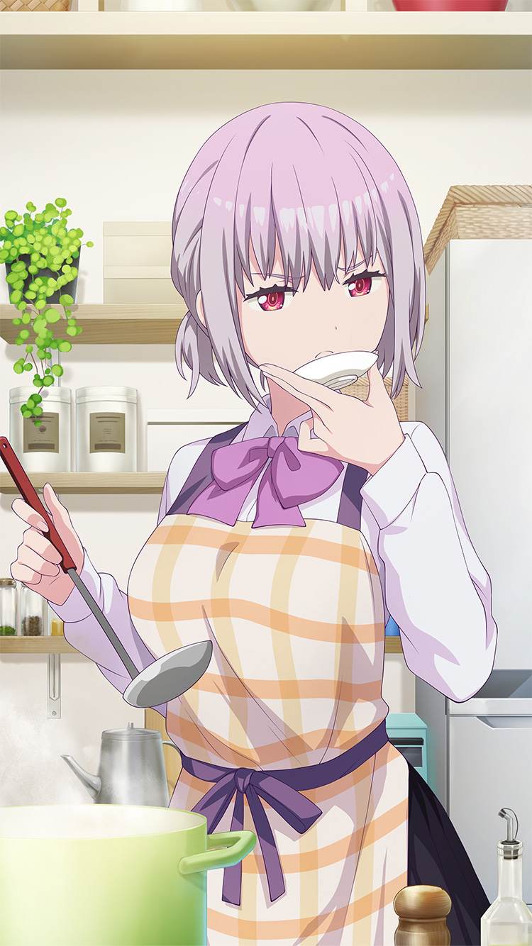 1girl :c apron black_skirt bow bowtie closed_mouth collared_shirt cooking cooking_pot cowboy_shot frown furrowed_brow game_cg gingham gingham_apron gridman_universe half-closed_eyes highres holding holding_ladle holding_plate indoors kitchen ladle long_sleeves official_alternate_hairstyle official_art pink_hair plant plate ponytail potted_plant purple_bow purple_bowtie red_eyes shinjou_akane shirt short_hair short_ponytail skirt solo ssss.gridman tasting_plate third-party_source white_shirt yellow_apron