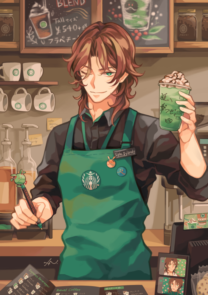 1boy alternate_costume apron artist_name barista black_shirt brown_hair chalkboard character_pin closed_mouth coffee coffee_maker coffee_mug collared_shirt cookie counter cup food green_apron green_eyes gundam gundam_00 haro holding holding_pen indoors jar lockon_stratos long_sleeves looking_at_viewer lyle_dylandy male_focus medium_hair monitor mug name_tag one_eye_closed pen shirt signature smile solo starbucks sticky_note uniform vuls406