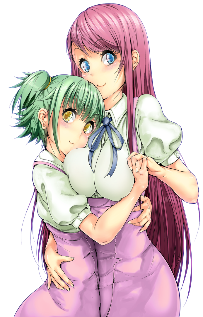 2girls amanchu! blue_eyes blush breasts dress green_hair kohinata_hikari large_breasts long_hair multiple_girls ooki_futaba school_uniform short_hair skirt suspender_skirt suspenders suzuhane_suzu yuri