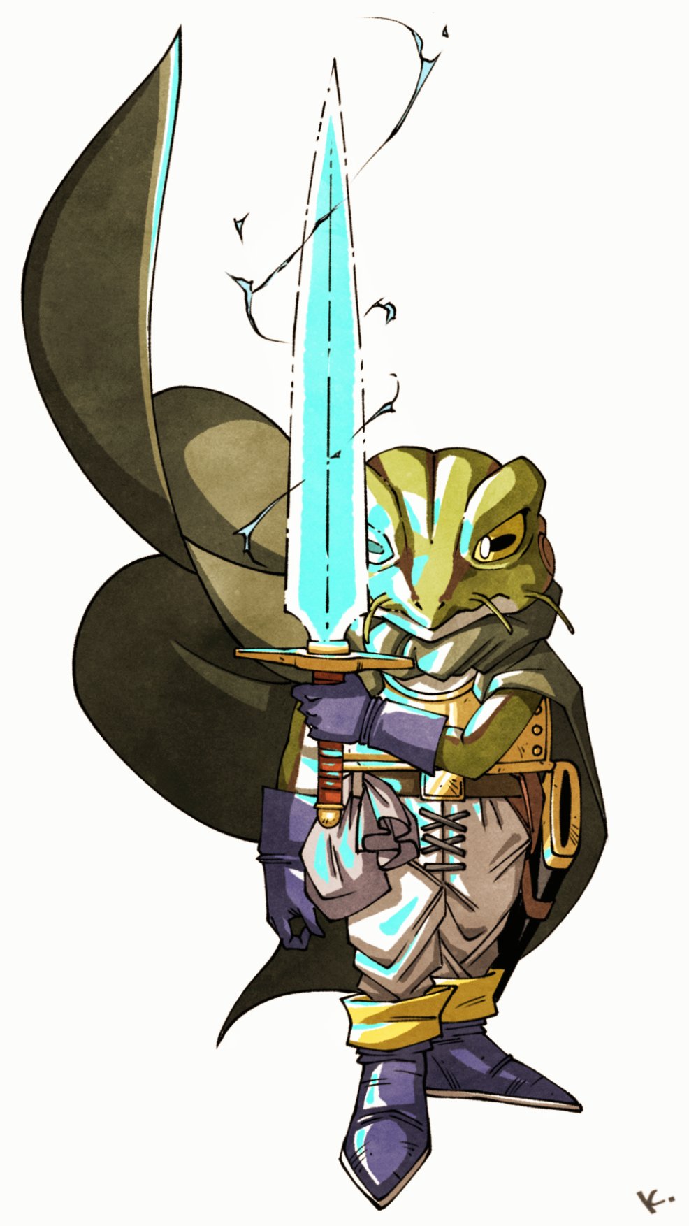 1boy boots cape chrono_trigger colored_skin frog_(chrono_trigger) full_body gloves green_cape green_skin highres holding holding_sword holding_weapon kakeru_(dbskakeru) pants purple_boots purple_gloves simple_background solo sword toriyama_akira_(style) weapon white_background white_pants