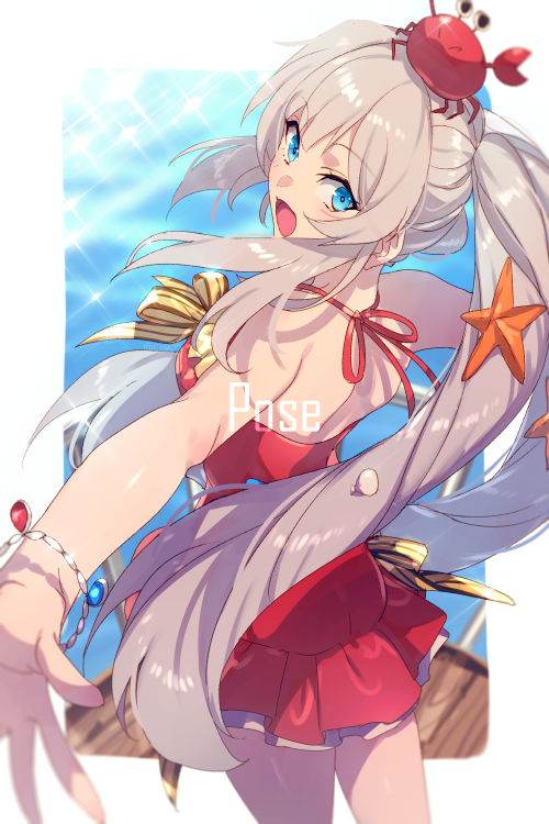 1girl blue_eyes blush bracelet commentary_request crab echo_(circa) fate/grand_order fate_(series) female_focus hair_between_eyes hair_ornament jewelry long_hair looking_at_viewer looking_back marie_antoinette_(fate) marie_antoinette_(swimsuit_caster)_(first_ascension)_(fate) open_mouth silver_hair solo swimsuit twintails