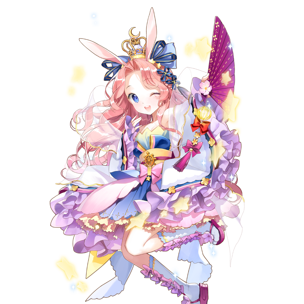 1girl animal_ears blue_bow blue_eyes boots bow breasts crown frilled_skirt frilled_sleeves frills hair_bow hand_fan holding holding_fan japanese_clothes kaguya_fullmoon long_hair mini_crown one_eye_closed pink_hair print_folding_fan rabbit_ears salt_(salty) skirt small_breasts uchi_no_hime-sama_ga_ichiban_kawaii wavy_hair white_boots wide_sleeves