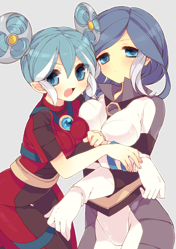 2girls bad_id bad_pixiv_id blue_eyes blue_hair bodysuit breasts fang green_hair inazuma_eleven inazuma_eleven_(series) large_breasts long_hair maquia moriyama_shijimi multicolored_hair multiple_girls urubida white_hair