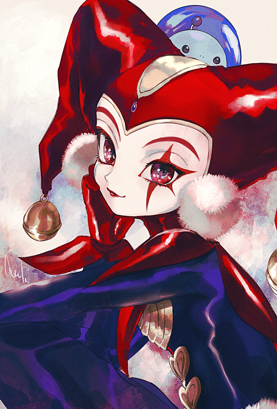 1girl bodysuit chrono_cross closed_mouth facepaint gloves harem_pants harle_(chrono_cross) harlequin hat highres jester jester_cap leotard lipstick long_hair looking_at_viewer makeup maruino pants pom_pom_(clothes) red_eyes red_gloves simple_background smile starky_(chrono_cross) tassel