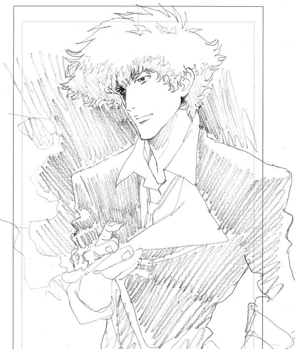 1990s_(style) 1boy cigarette cowboy_bebop formal_clothes greyscale male_focus md5_mismatch monochrome nakamura_yutaka necktie resized sketch smoke solo spike_spiegel suit
