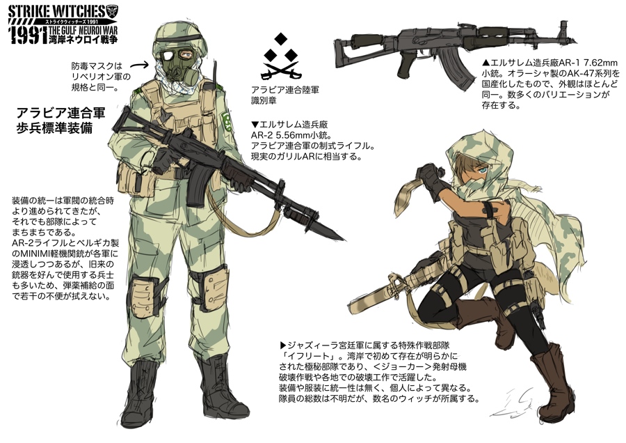 1boy 1girl ak-47 animal_ears arabian arabian_clothes assault_rifle bayonet blue_eyes boots brown_hair camouflage cloak combat_boots dakku_(ogitsune) dark_skin full_body gas_mask gloves gulf_war gun gun_sling helmet kalashnikov_rifle knife kukri m4_carbine mask military military_combat_uniform military_uniform panties panties_under_pantyhose pantyhose poncho rifle scope soldier standing strike_witches strike_witches_1991 translation_request underwear weapon world_witches_series