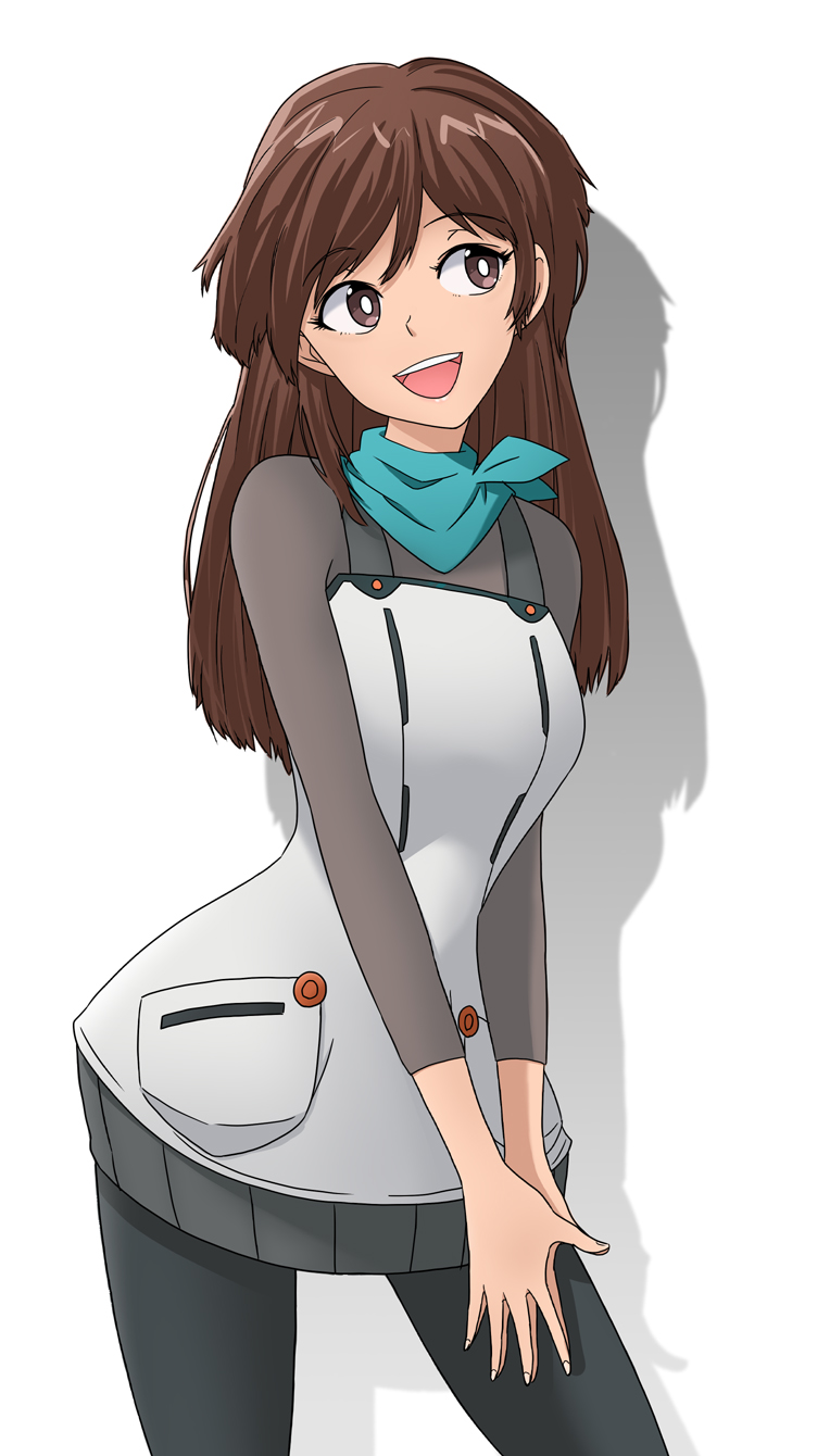 1girl breasts brown_eyes brown_hair cowboy_shot highres long_hair looking_to_the_side medium_breasts neon_genesis_evangelion open_mouth rebuild_of_evangelion sashimi_(sasihmi) scarf simple_background smile solo suzuhara_sakura very_long_hair white_background wide_hips