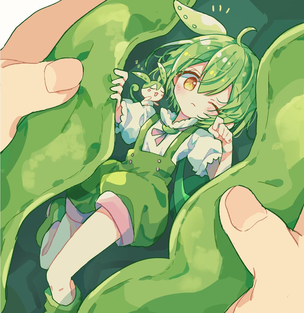 1girl 1other ahoge animal_ears blush_stickers boots closed_mouth commentary_request full_body futaba969649 green_boots green_hair green_shorts long_hair looking_at_viewer mini_person minigirl neck_ribbon one_eye_closed pea_pod pink_ribbon ribbon shirt short_sleeves shorts suspender_shorts suspenders utau voicevox white_shirt yellow_eyes zundamon zundamon_(utau) zzz