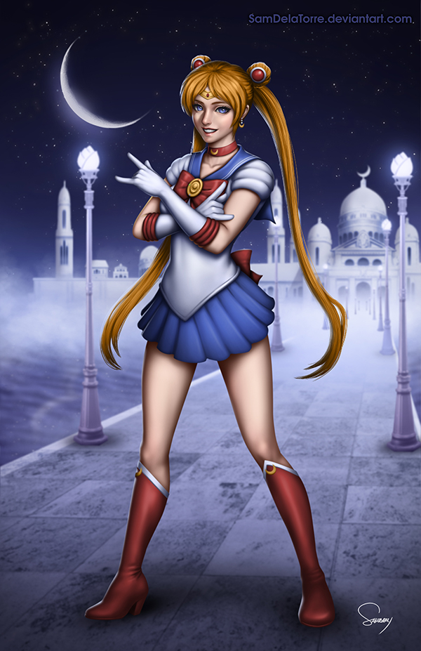 bishoujo_senshi_sailor_moon bishoujo_senshi_sailor_moon_(first_season) blonde_hair blue_eyes blue_sailor_collar blue_skirt boots castle choker circlet crescent crescent_earrings crescent_moon double_bun earrings elbow_gloves full_body gloves hair_bun high_heel_boots high_heels jewelry knee_boots lamppost long_hair moon pleated_skirt red_boots sailor_collar sailor_moon sam_delatore signature skirt sky solo star_(sky) starry_sky tsuki_ni_kawatte_oshioki_yo tsukino_usagi twintails very_long_hair watermark web_address white_gloves