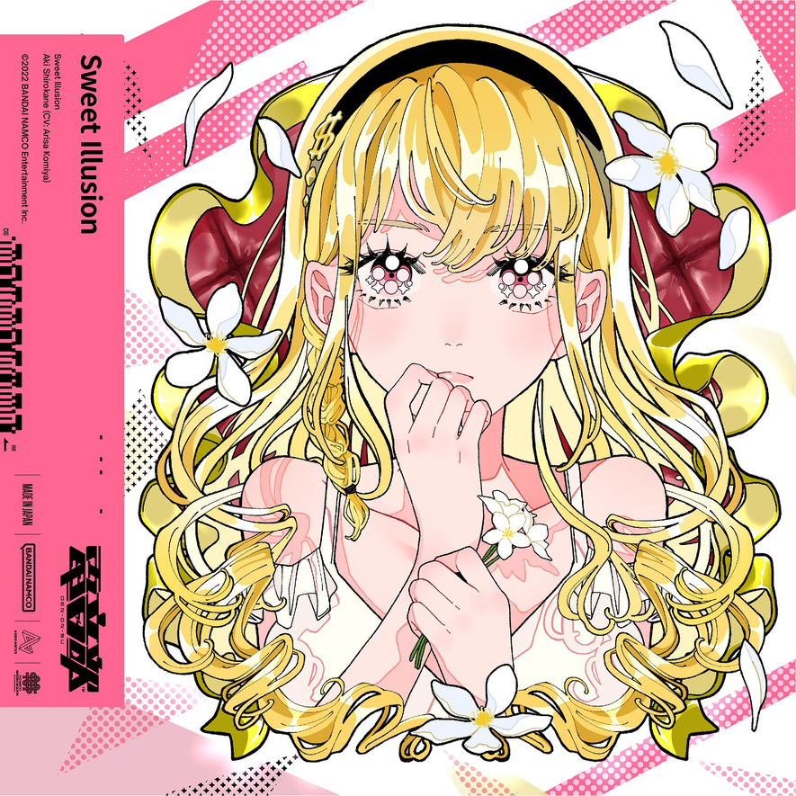 album_cover blonde_hair braid closed_mouth cover denonbu dollar_sign flower hairband holding lily_(flower) long_hair looking_at_viewer official_art ponko517 red_eyes shirokane_aki sleeveless white_flower