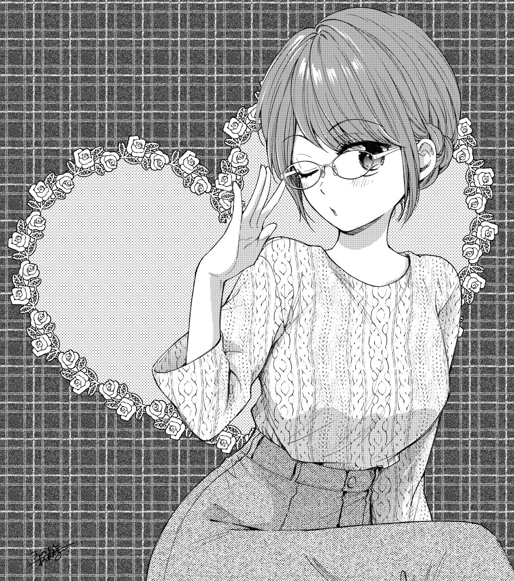 1girl adjusting_eyewear akmr_enmt bespectacled braid breasts denim glasses greyscale hand_on_eyewear hand_up heart jeans kono_kaisha_ni_suki_na_hito_ga_imasu light_blush looking_at_viewer medium_breasts mitsuya_yui monochrome official_art one_eye_closed pants parted_lips patterned_clothing plaid_background shirt shirt_tucked_in short_hair signature sitting solo three-quarter_sleeves