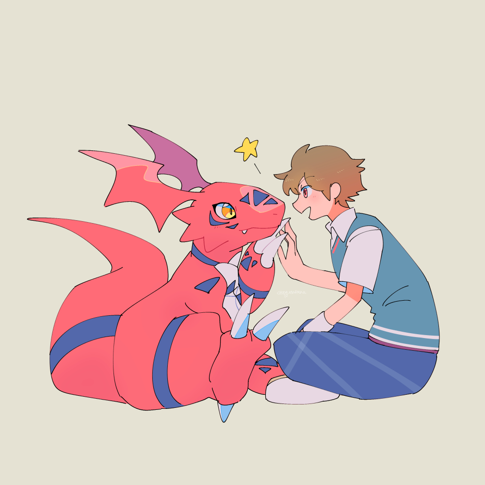 1boy blue_pants brown_hair digimon digimon_(creature) digimon_world_-next_0rder- dinosaur fang grey_background guilmon hirose_kouta holding_hands pants pg_enaena red_scales simple_background sitting yellow_eyes yukimura_(digimon)