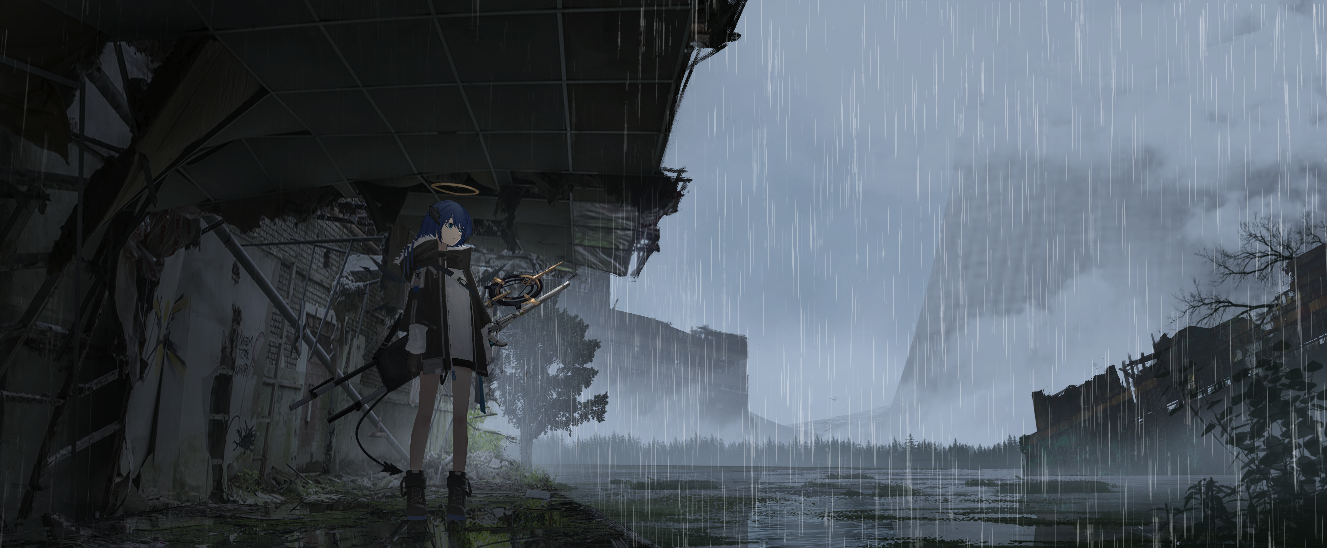 1girl absurdres arknights arms_at_sides black_jacket black_shorts blue_eyes blue_hair boots cityscape closed_mouth day de4d_fish expressionless full_body fur-trimmed_jacket fur_trim grass grey_sky hair_between_eyes halo highres horns jacket long_hair mostima_(arknights) open_clothes open_jacket outdoors overcast plant post-apocalypse puddle rain reflective_floor rubble ruins scenery shorts sidelocks sky solo staff standing tree weapon weapon_on_back wide_shot