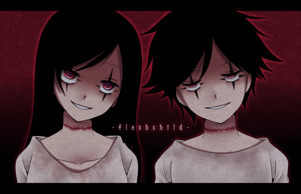 1boy 1girl black_hair copyright_name fleshchild long_hair looking_at_viewer pow_(ameri) stitches vice_(fleshchild) visi_(fleshchild)