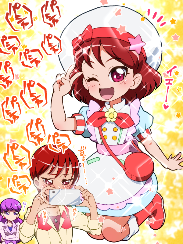 10s 3girls ;d apron blue_dress blush boots bow crossed_arms dress earrings hat hat_bow jewelry kenjou_akira kenjou_miku kirakira_patisserie_uniform kirakira_precure_a_la_mode knee_boots kotozume_yukari long_hair multiple_girls one_eye_closed open_mouth precure purple_eyes purple_hair red_bow red_eyes red_footwear red_hair shirt short_hair siblings sisters smile tj-type1 very_short_hair white_apron white_hat yellow_background