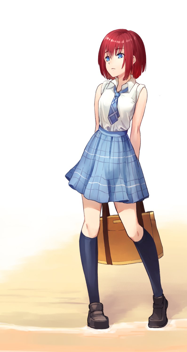 1girl blue_eyes blue_necktie blue_skirt closed_mouth full_body gogo_(detteiu_de) highres kairi_(kingdom_hearts) kingdom_hearts necktie red_hair school_uniform short_hair skirt solo