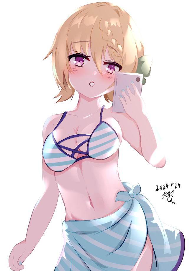 1girl artist_name bikini blonde_hair blue_bikini blue_sarong braid braided_bangs braided_bun breasts cellphone cleavage commentary_request dated hair_bun kantai_collection long_hair medium_breasts meturyusinzero perth_(kancolle) perth_(swimsuit)_(kancolle) phone purple_eyes sarong simple_background solo striped_bikini striped_clothes striped_sarong swimsuit taking_picture white_background