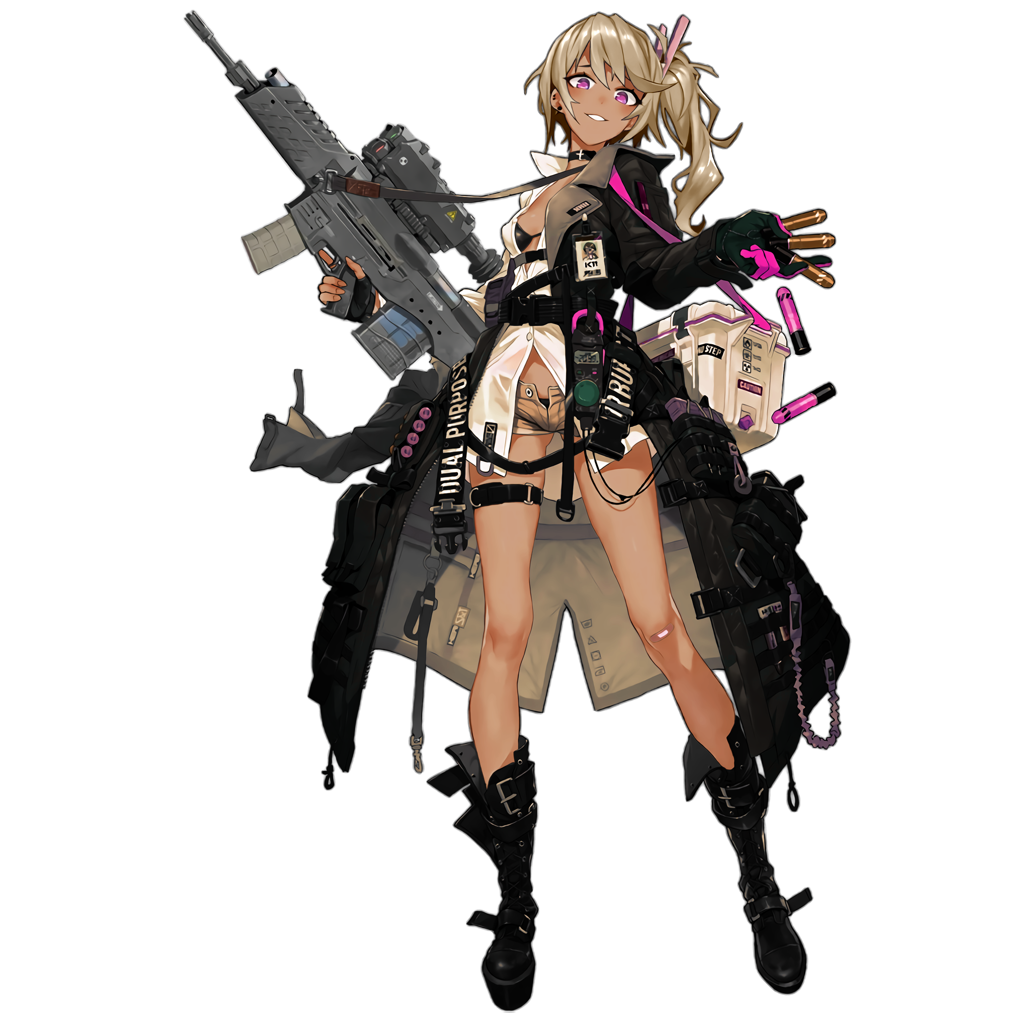 1girl 20x30mm_lv 20x30mm_lv_heab_k167 20x30mm_lv_p_k168 airburst_grenade_launcher airburst_round alternate_color ammunition anti-materiel_cartridge assault_rifle bandaid belt bikini black_bikini black_boots black_gloves blonde_hair blouse bolt-action_grenade_launcher bolt_action boot_straps boots breasts brown_shorts buckle bullpup burst_fire_gun burst_fire_rifle cable cannon_cartridge carbine clothes_pin clothes_writing coat computerized_scope cooler daewoo_k11 dark-skinned_female dark_skin denim denim_shorts earrings explosive female_focus fingerless_gloves fragmentation_grenade fragmentation_warhead girls'_frontline gloves grenade grenade_cartridge grenade_launcher gun hazard_symbol head_tilt high-explosive_airburst_round high-explosive_cartridge highres holding holding_gun holding_weapon id_card jewelry k11_(girls'_frontline) knee_boots lace-up_boots ladic leather_choker long_coat long_hair long_shirt long_sleeves medium_breasts messy_hair military_cartridge multi-weapon multimeter multiple-barrel_gun multiple_straps name_tag off_shoulder official_art open_clothes open_coat open_fly open_shirt parted_lips personification pouch practice_round precision-guided_firearm precision-guided_munition purple_eyes radiation_symbol rifle scope see-through_clothes shells shirt short-barreled_rifle short_shorts shorts side_ponytail sidelocks sight_(weapon) single_earring single_fingerless_glove skindentation smart_grenade smart_scope smirk solo standing stomach subsonic_ammunition swimsuit telescopic_sight thermal_weapon_sight thigh_strap thighs third-party_edit transparent_background trench_coat trigger_discipline underbarrel_assault_rifle underbarrel_rifle weapon white_shirt