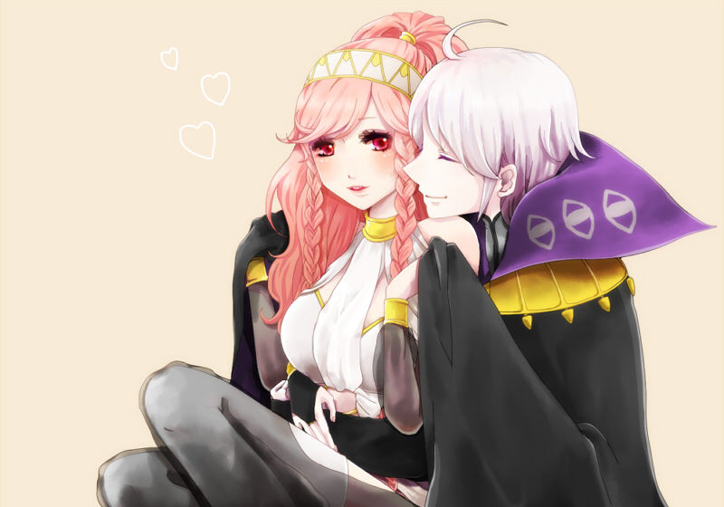 1boy 1girl ahoge ayaca braid cape couple closed_eyes fire_emblem fire_emblem_awakening henry_(fire_emblem) hetero hug jewelry long_hair lots_of_jewelry nintendo olivia_(fire_emblem) pink_eyes pink_hair short_hair smile twin_braids white_hair