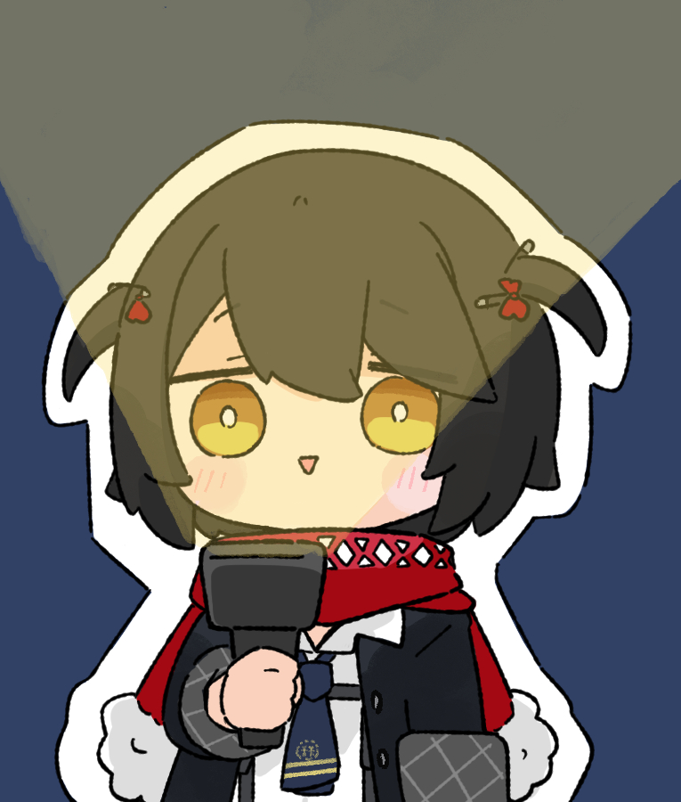 1girl :&gt; black_hair black_jacket blue_background blush_stickers bow chibi collared_shirt commentary flashlight fur-trimmed_scarf fur_trim hair_bow holding jacket looking_at_viewer mashiro_meme mashiro_meme_(1st_costume) nijisanji nozo_(hitomiz) open_clothes open_jacket outline parted_lips red_bow red_scarf scarf shirt solo triangle_mouth two_side_up upper_body virtual_youtuber white_outline white_shirt yellow_eyes
