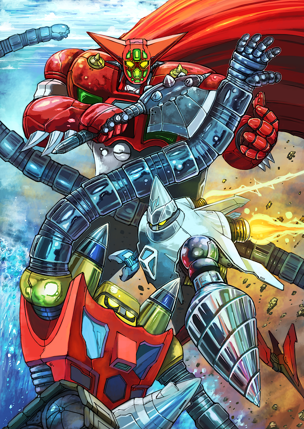 axe cape drill gattai getter-1 getter-2 getter-3 getter_robo getter_robo_(classic) highres holding holding_weapon ishikawa_ken_(character) ishikawa_ken_(style) mecha mecha_focus multiple_robots no_humans robot science_fiction super_robot tomahawk weapon yamanushi