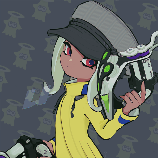 1girl blue_pupils commentary dark-skinned_female dark_skin grey_background grey_hat hat holding imaikuy0 jacket long_hair long_sleeves nintendo octoling octoling_girl octoling_player_character red_eyes solo splatoon_(series) symbol-only_commentary tentacle_hair tetra_dualies_(splatoon) white_hair yellow_jacket