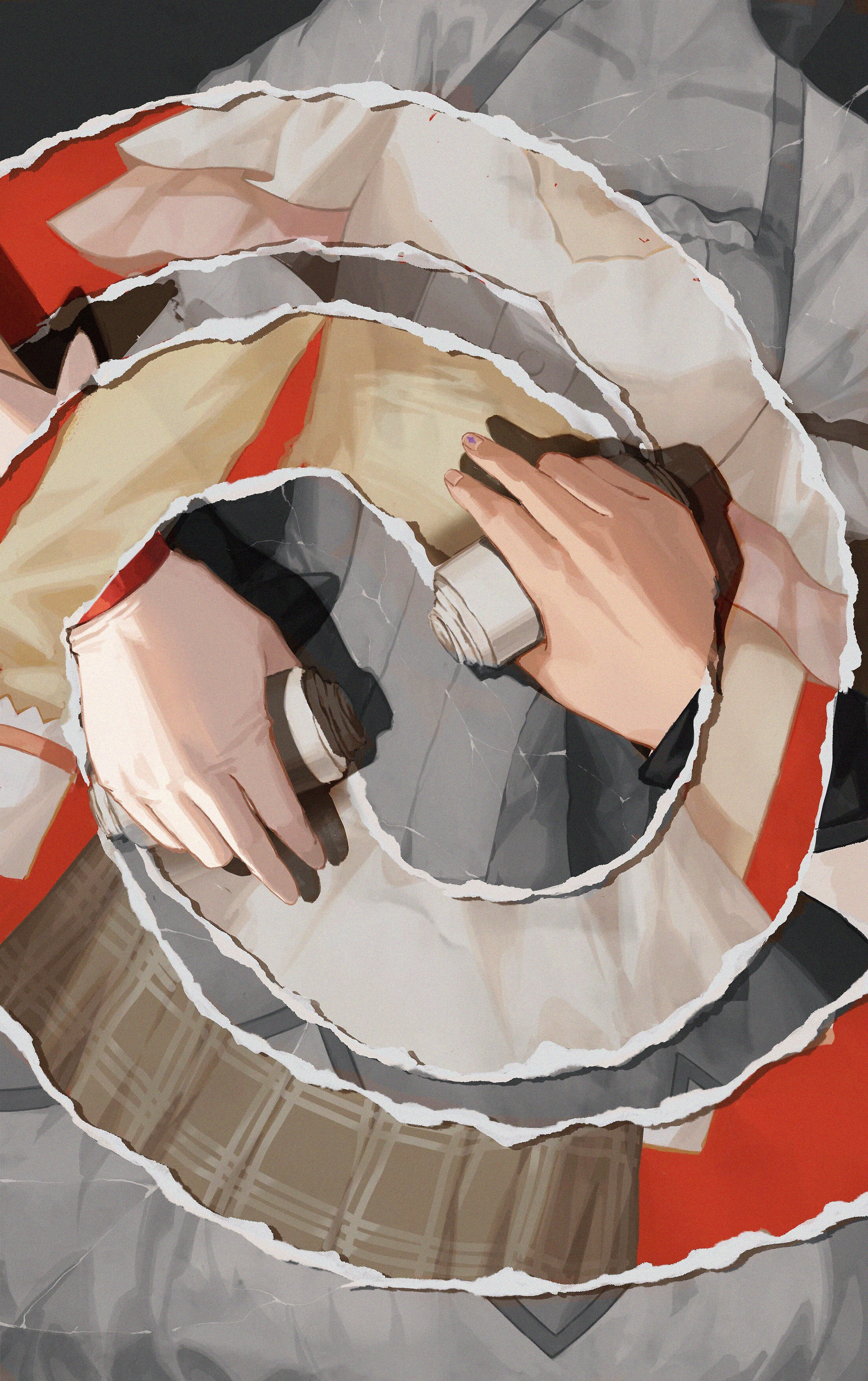 2girls absurdres akemi_homura black_background brown_skirt bubble_skirt chinese_commentary collarbone commentary_request cowboy_shot dress eraser fingernails frilled_dress frilled_sleeves frills gloves head_out_of_frame highres holding kaname_madoka kaname_madoka_(magical_girl) lace-trimmed_sleeves lace_trim long_sleeves magical_girl mahou_shoujo_madoka_magica mahou_shoujo_madoka_magica_(anime) miniskirt mitakihara_school_uniform multiple_girls partially_colored plaid_clothes plaid_skirt pleated_skirt puffy_short_sleeves puffy_sleeves red_background revealing_layer school_uniform shirt short_sleeves skirt skirt_under_dress solo solo_focus square_neckline two-tone_background ultimate_madoka white_dress white_gloves white_wrist_cuffs wrist_cuffs yayaziiii yellow_shirt