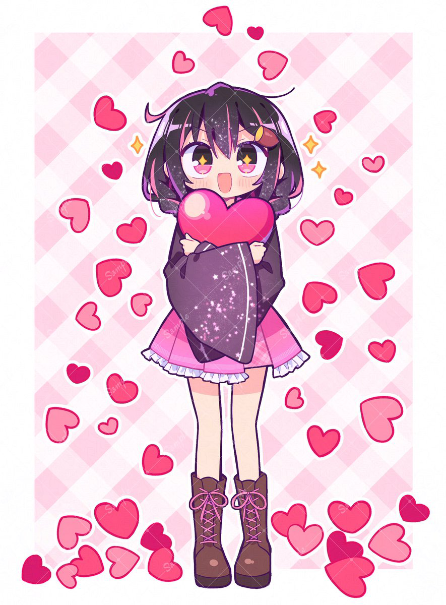 +_+ 1girl :d black_hair blush boots border brown_boots commentary_request food food-themed_hair_ornament frilled_skirt frills full_body hair_ornament heart highres holding holding_heart iriam jacket lace-up_boots long_sleeves looking_at_viewer medium_hair multicolored_hair open_mouth otokana_sora outline outside_border pink_background pink_eyes pink_hair pink_skirt plaid_background plaid_clothes plaid_skirt pleated_skirt purple_jacket richard_(richaball) roasted_sweet_potato sample_watermark school_uniform serafuku skirt smile solo sparkle standing streaked_hair sweet_potato two-tone_hair v-shaped_eyebrows virtual_youtuber watermark watermark_grid white_border white_outline wide_sleeves
