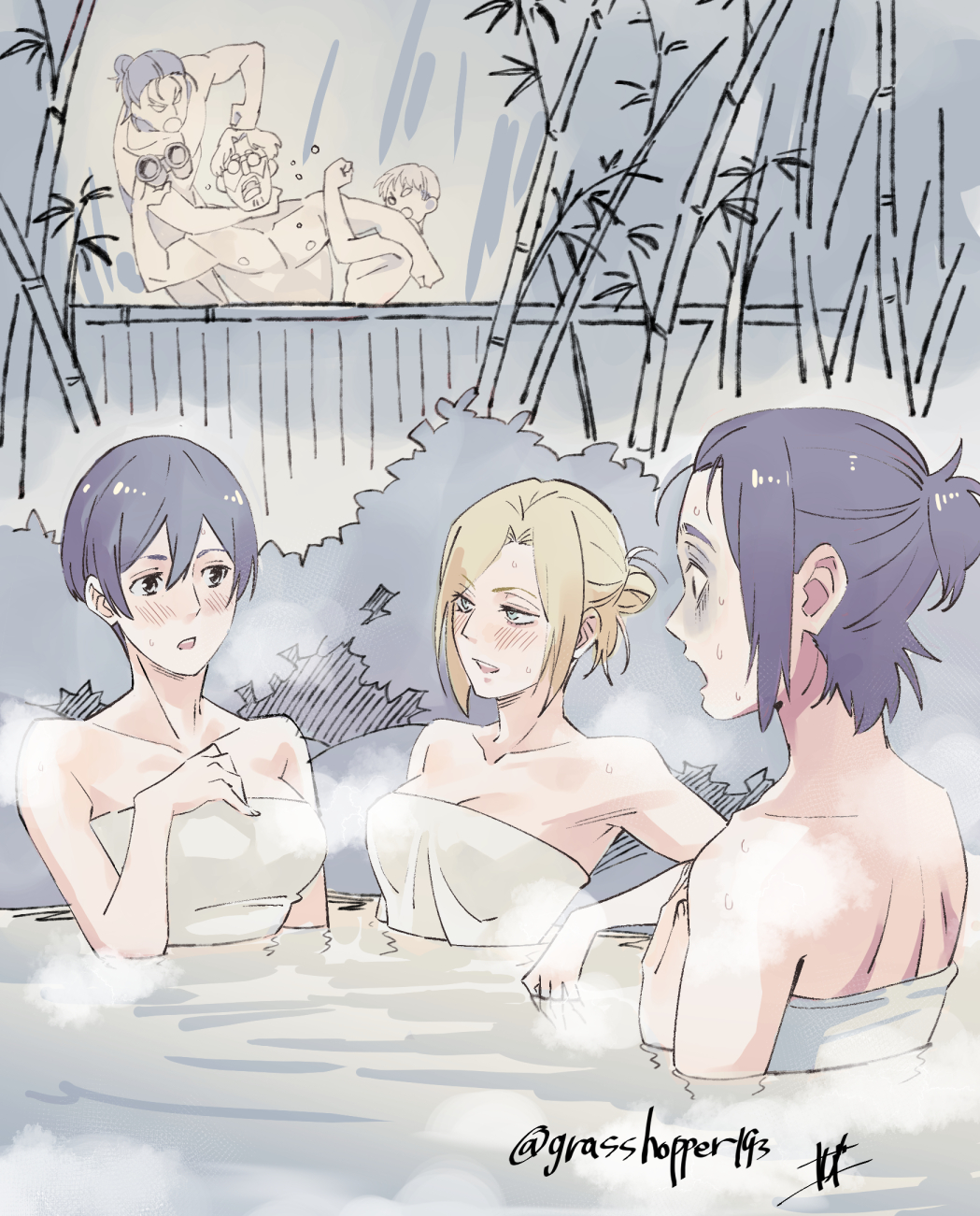 3boys 3girls annie_leonhart armin_arlert artist_name bamboo bathing binoculars black_hair blonde_hair blue_eyes blush breast_conscious breasts bush commentary_request curtained_hair eren_yeager fighting gabi_braun grasshopper193 hair_bun hand_on_own_chest hand_up highres holding holding_binoculars medium_breasts mikasa_ackerman multiple_boys multiple_girls onsen open_mouth partially_submerged pectorals ponytail shingeki_no_kyojin short_hair short_ponytail single_hair_bun steam sweat teeth towel twitter_username upper_teeth_only zeke_yeager
