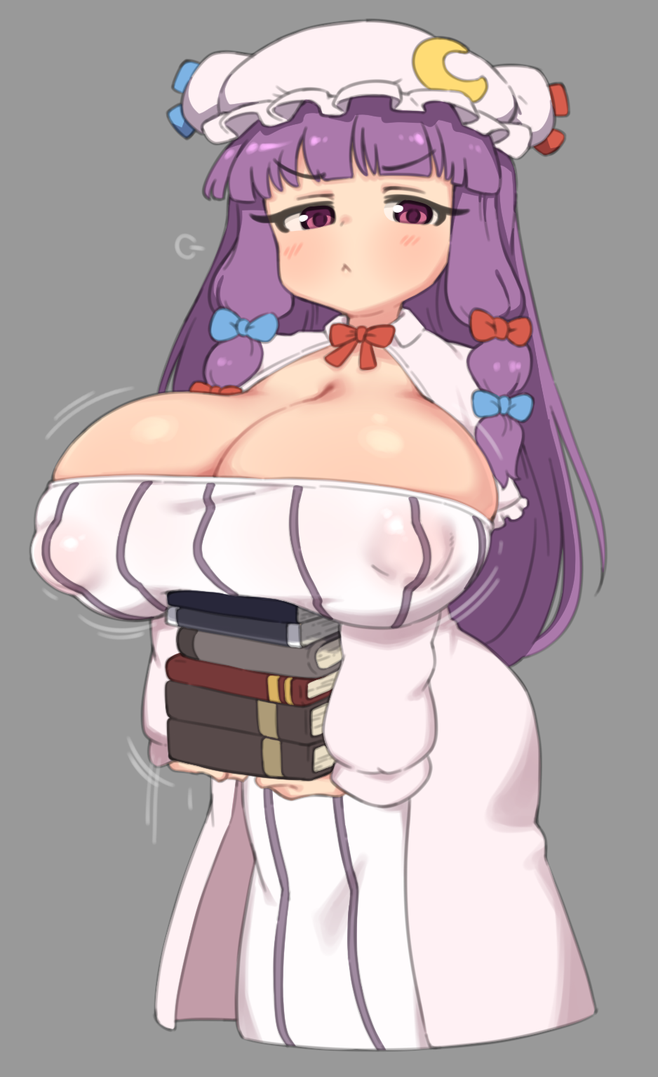1girl basukechi blunt_bangs book book_stack bow breast_rest breasts carrying cleavage crescent dress hair_bow hat highres huge_breasts long_hair long_sleeves looking_at_viewer motion_lines patchouli_knowledge purple_eyes purple_hair simple_background solo striped_clothes striped_dress touhou white_dress