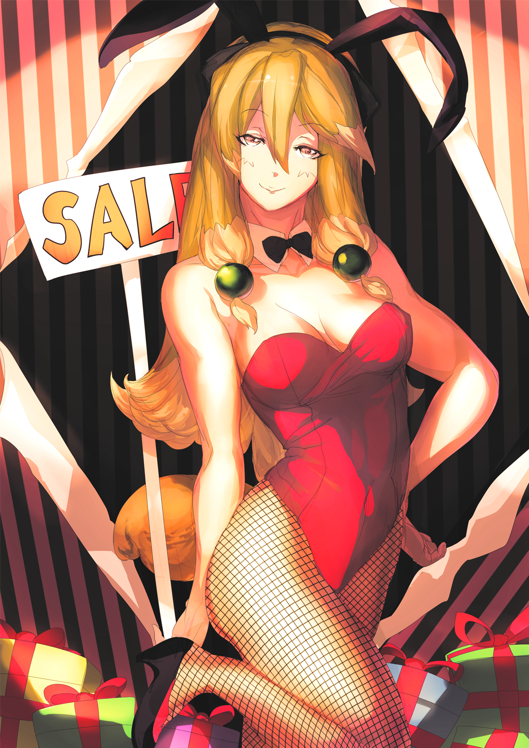 1girl animal_ears aq_interactive arcana_heart arcana_heart_2 arcana_heart_3 bare_shoulders belly blush breasts brown_hair cleavage collarbone detached_collar dog_ears dog_tail examu fake_animal_ears fishnets gift hair_bobbles hair_ornament high_heels highres inuwaka_akane large_breasts leotard light_brown_hair long_hair looking_at_viewer multicolored_hair playboy_bunny rabbit_ears sale sign smile tail two-tone_hair