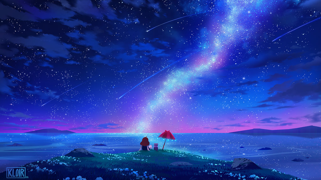 1girl 1other animal bee_(bee_and_puppycat) bee_and_puppycat blue_sky cliff cloud commentary english_commentary facing_away flower from_behind galaxy gradient_sky grass horizon kloir landscape mountainous_horizon night ocean on_ground painterly puppycat purple_sky reflection reflective_water rock scenery shooting_star sky star_(sky) starry_sky umbrella