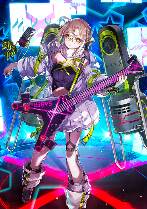 1girl above_cleavage_cutout ahoge artoria_pendragon_(fate) black_boots black_bow black_ribbon black_shirt blonde_hair boots bow braid breasts bun_with_braided_base bunbun clothing_cutout collar criss-cross_halter crop_top double-parted_bangs electric_guitar expressionless fate/grand_order fate_(series) foot_out_of_frame game_cg garter_straps glasses gloves green_bow green_ribbon grey_gloves guitar hair_bow hair_bun halterneck hands_up holding holding_guitar holding_instrument holding_plectrum instrument jacket k6-x4 leg_warmers legs_apart long_sleeves looking_at_viewer medium_breasts microphone midriff_peek music mysterious_idol_x_alter_(fate) navel official_art parted_lips partially_fingerless_gloves partially_unzipped playing_instrument plectrum ribbon round_eyewear shirt short_hair shoulder_strap sidelocks single_glove single_hair_bun solo standing striped_bow third-party_source two-tone_bow two-tone_ribbon white_collar white_jacket white_leg_warmers wide_sleeves wrist_bow yellow_eyes zipper