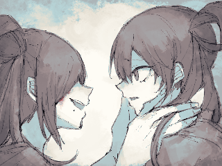 2boys colored_skin gobanme grey_eyes grey_hair head_grab long_hair lowres mama_ni_aitai mole mole_under_mouth multiple_boys non-web_source nonono_no one_eye_covered rokubanme smile twintails white_skin