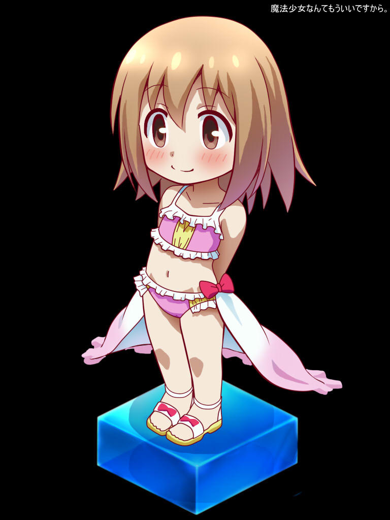 10s 1girl arms_behind_back awa bare_shoulders bikini black_background blush brown_eyes brown_hair copyright_name female_focus hanami_yuzuka mahou_shoujo_nante_mou_ii_desukara. navel pink_bikini short_hair smile solo swimsuit