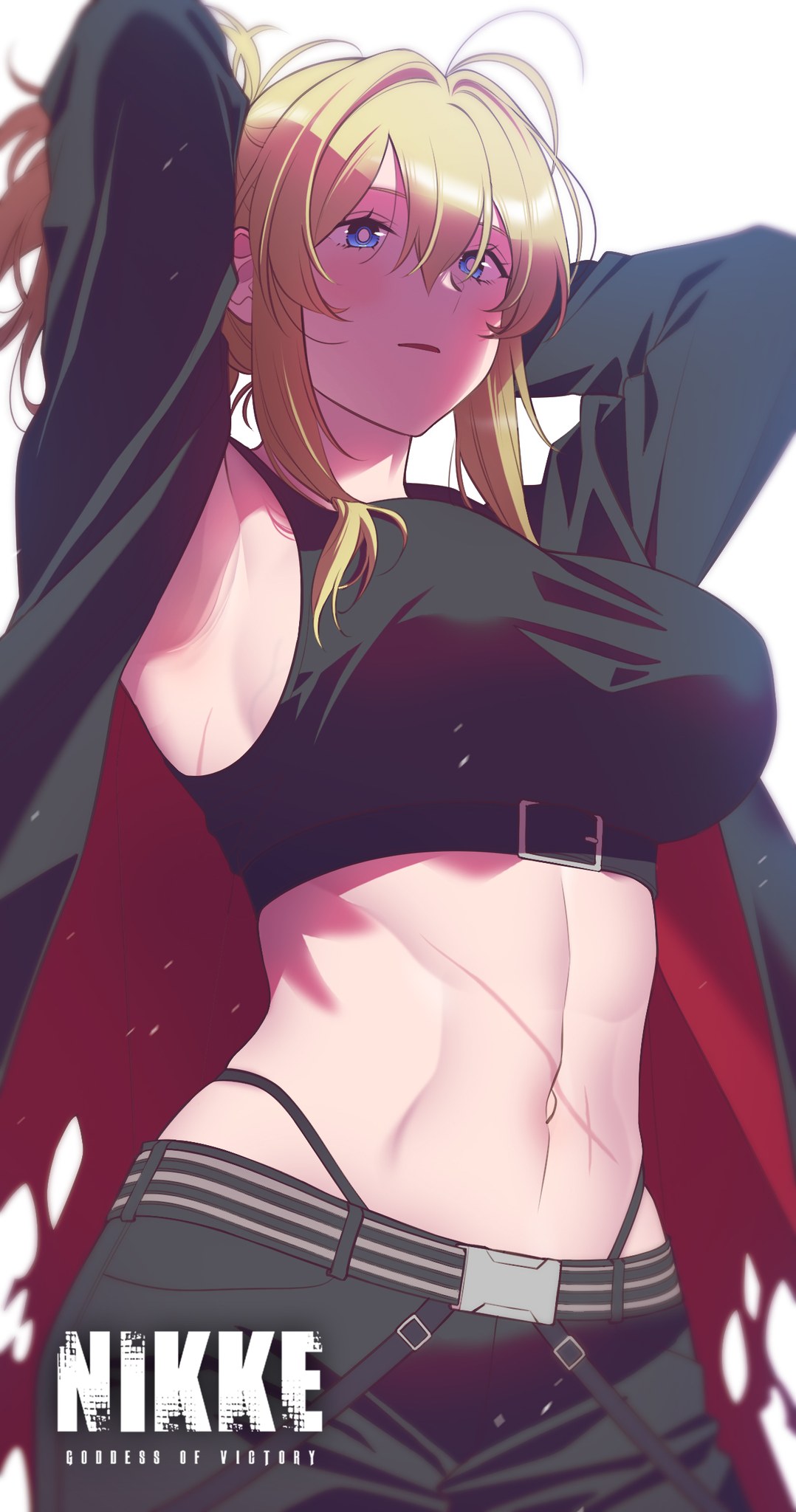 1girl abs andrian_januar_adilia armpits arms_behind_head arms_up black_jacket black_shorts black_sports_bra blonde_hair blue_eyes breasts commentary copyright_name cowboy_shot english_commentary goddess_of_victory:_nikke grave_(nikke) hair_between_eyes highres jacket large_breasts long_hair looking_at_viewer midriff navel open_clothes open_jacket parted_lips ponytail shade shorts sidelocks simple_background solo sports_bra standing white_background